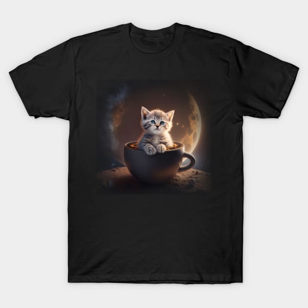 Funny Kitty Cat sitting in a Coffee Mug Space & Galaxy Theme T-Shirt by sports_hobbies_apparel